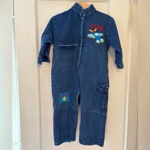 Kids Dark Blue Denim Pilot Jumpsuit with Airplane Patch